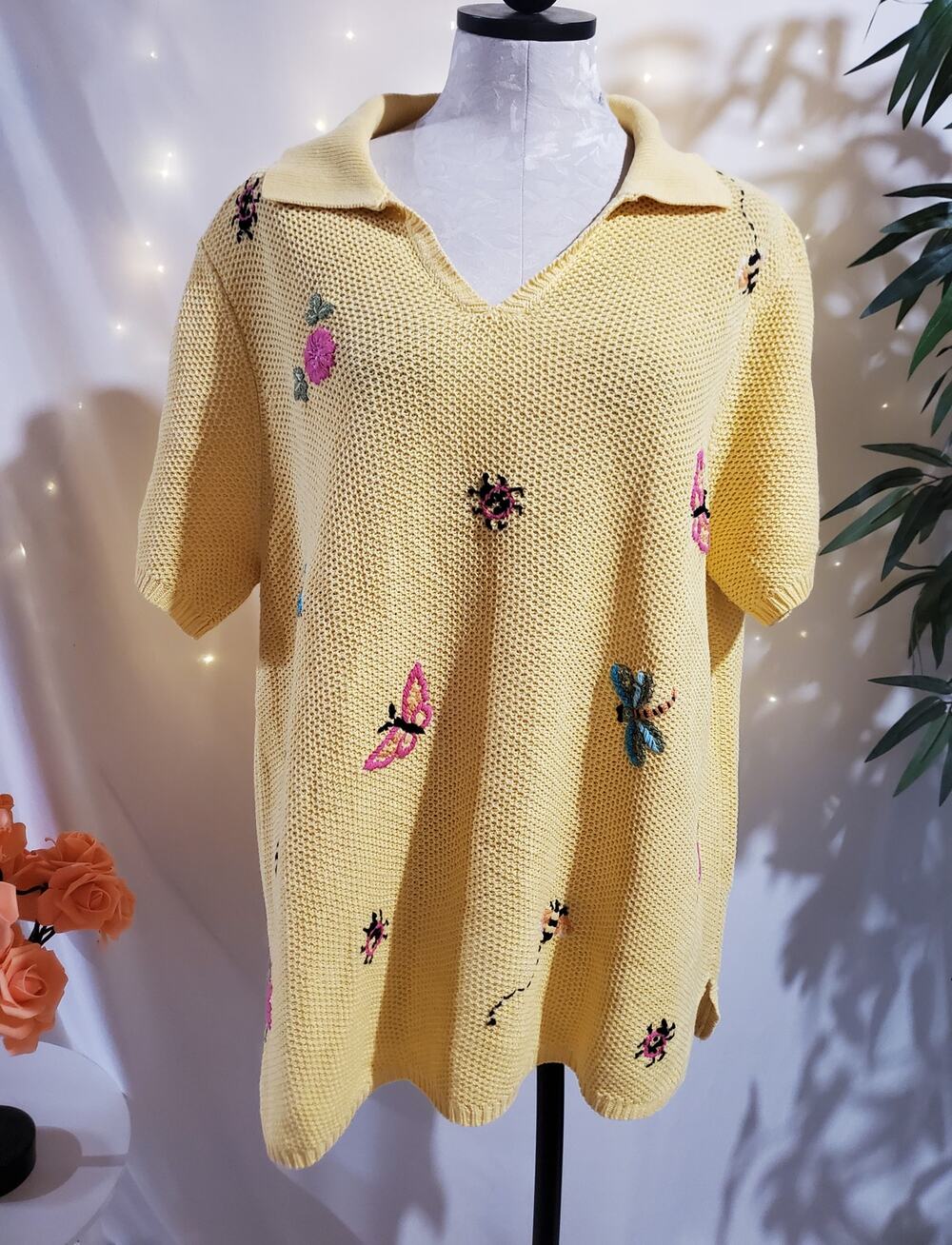 White Stag Vtg Embroidered Stitch Butterfly Bee Dragonfly Sweater Size 22/24W